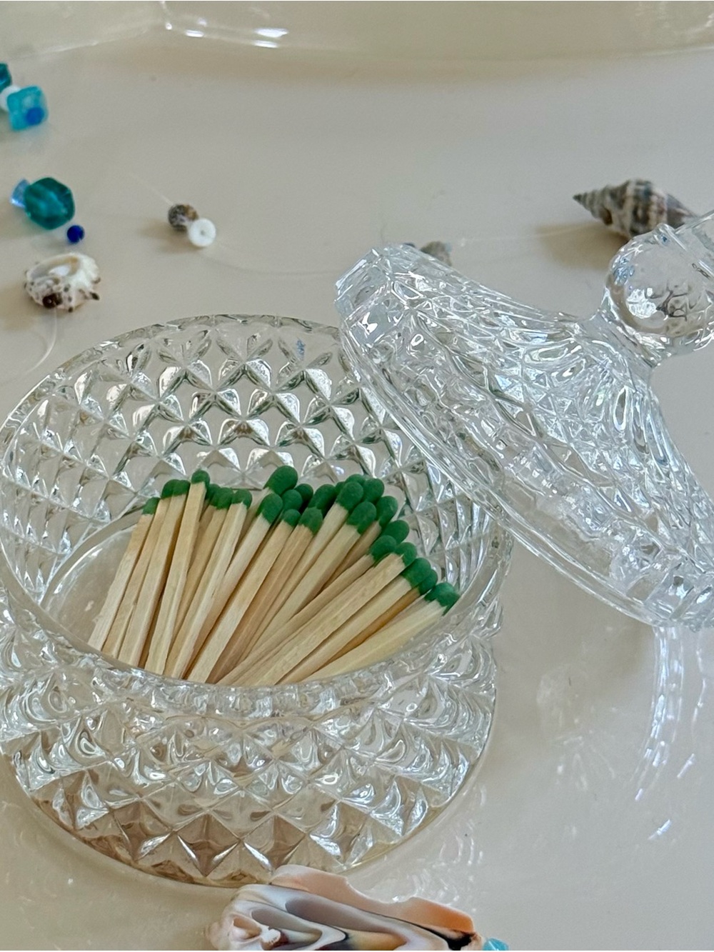 Crystal Glass Match Holder with Lid Striker on Bottom Matches Included